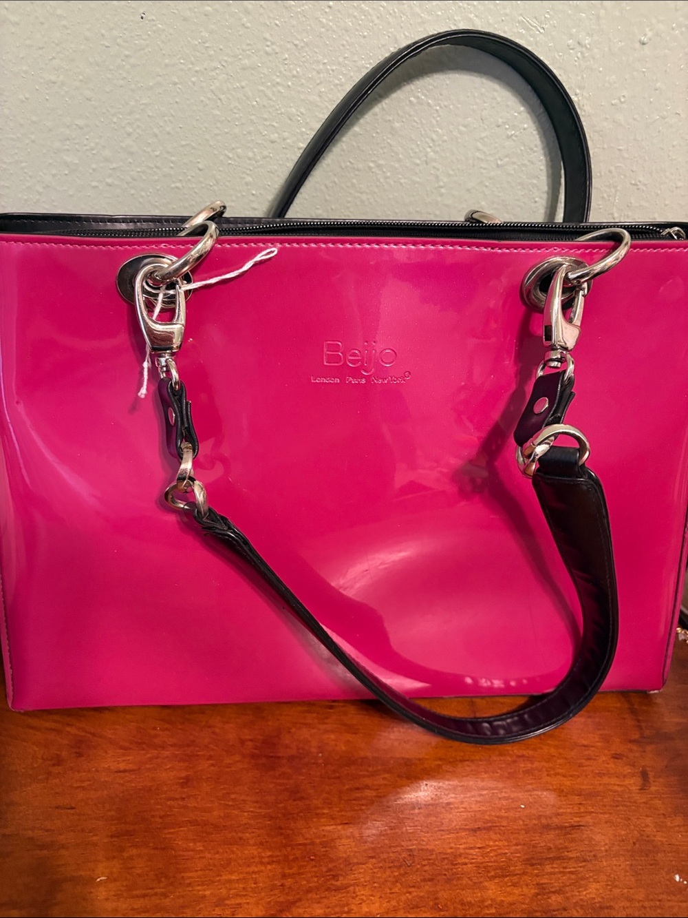 Beijo Glossy Hot Pink Patent Tote with Black Handles